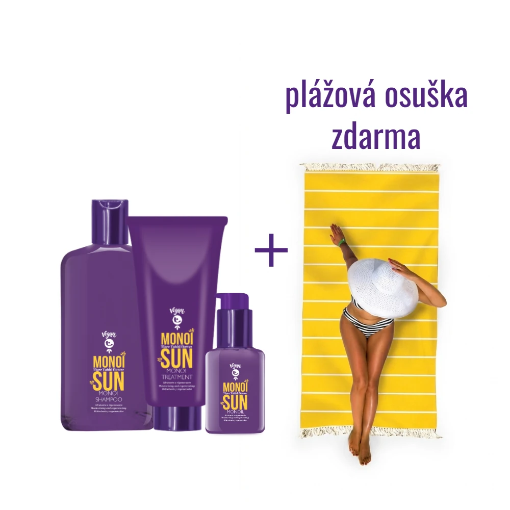 Tecna Monoi Sun Care Set – Kompletna regeneracia + Plazova osuska ZDARMA Vlasový set Tecna Monoi Sun Care so šampónom, maskou, regeneračným olejom a veľkou plážovou osuškou 90x180 cm zdarma.